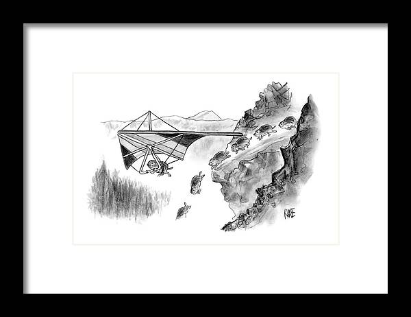 Death Sports Lemmings
(lemming Avoids Death By Hang-gliding Off Of Cliff. ) 120271 Jkn John Kane Framed Print featuring the drawing New Yorker January 3rd, 2005 by John Kane