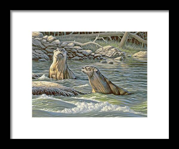 Wildlife Framed Print featuring the painting Up for Air - river otters by Paul Krapf