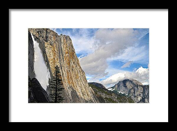 Yosemite Framed Print featuring the digital art Upper Yosemite Fall and Cloud-Capped Half Dome by Steven Barrows
