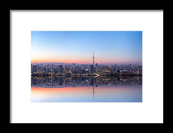 Apartment Framed Print featuring the photograph Urban reflection image of Tokyo at night by Photography by ZhangXun