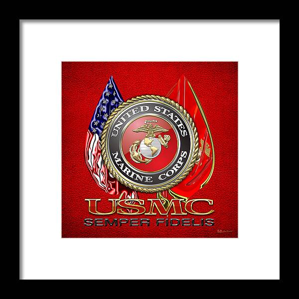'military Insignia & Heraldry 3d' Collection By Serge Averbukh Framed Print featuring the digital art U. S. Marine Corps U S M C Emblem on Red by Serge Averbukh