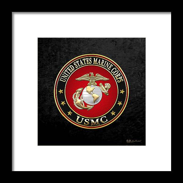 'military Insignia & Heraldry 3d' Collection By Serge Averbukh Framed Print featuring the digital art U S M C Eagle Globe and Anchor - E G A on Black Velvet by Serge Averbukh