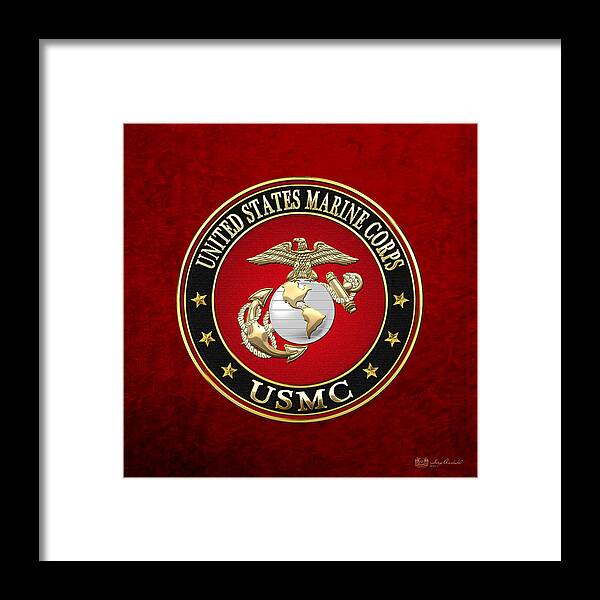 'military Insignia & Heraldry 3d' Collection By Serge Averbukh Framed Print featuring the digital art U S M C Eagle Globe and Anchor - E G A on Red Velvet by Serge Averbukh