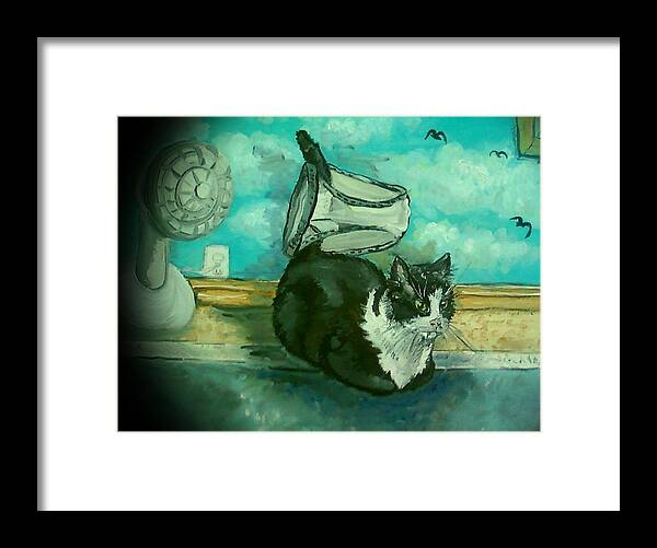 Surrealism Framed Print featuring the painting USS Catboat by Alexandria Weaselwise Busen