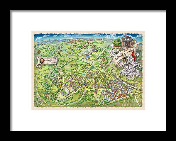 Uva Campus Illustrated Map Framed Print featuring the painting UVA Grounds Illustration 2014 by Maria Rabinky