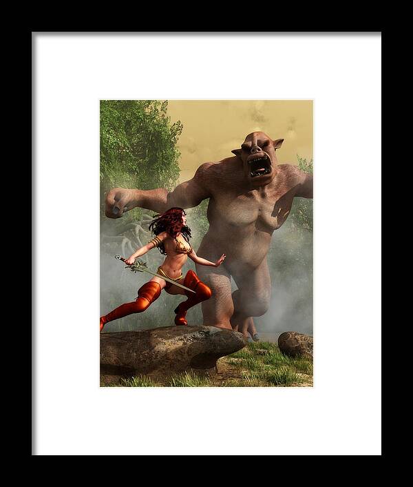 Warrior Girl Framed Print featuring the digital art Valkyrie Versus Ogre by Kaylee Mason