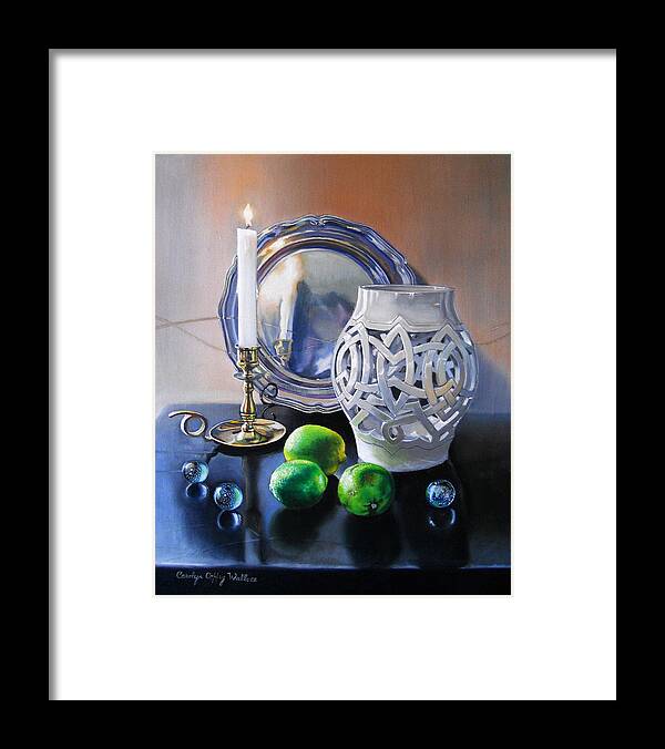 Art Framed Print featuring the painting Vanitas Still Life by Candlelight with Limes 1 by Carolyn Coffey Wallace