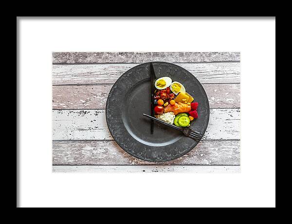 Healthy Eating Framed Print featuring the photograph Variety Of Food On Round Plate, Intermittent Fasting by Lacaosa