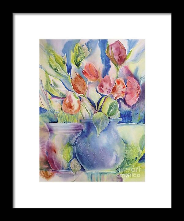 Vase Framed Print featuring the painting Vase and tulips by Donna Acheson-Juillet