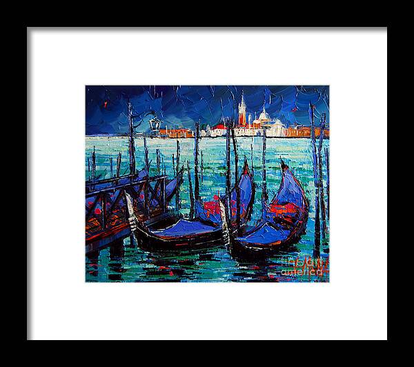 Venice Gondolas And San Giorgio Maggiore Framed Print featuring the painting Venice Gondolas And San Giorgio Maggiore by Mona Edulesco