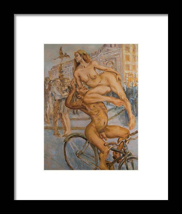 Nudes Framed Print featuring the painting Venus and Adonis cycling under Eros by Peregrine Roskilly