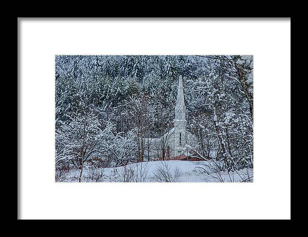Church Steeple Framed Print featuring the photograph Vermont church in snow by Jeff Folger