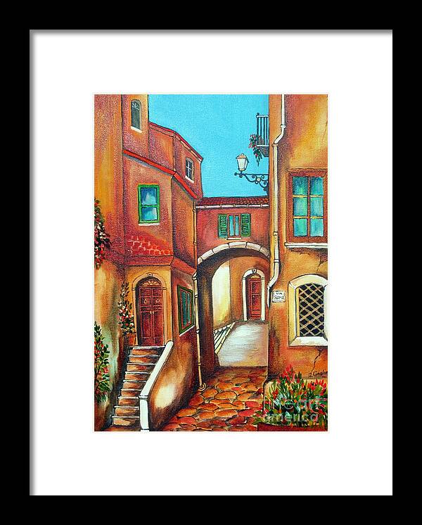 Tuscany Framed Print featuring the painting Via Roma in Tuscany Village by Roberto Gagliardi