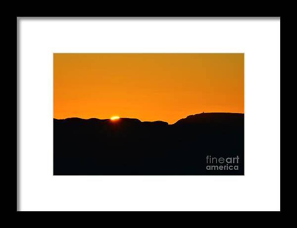 Grand Canyon Framed Print featuring the photograph Vibrant Orange Sky Accompanies Sun Rising over Grand Canyon with Distant Watchtower Silhouetted by Shawn O'Brien