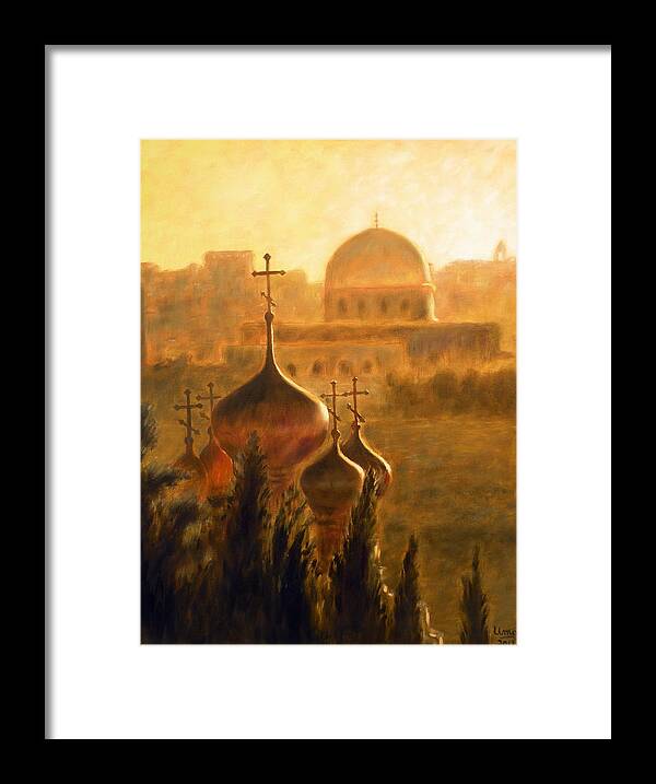 View From The Mount Of Olives Framed Print featuring the painting View from the Mount of Olives Jerusalem by Uma Krishnamoorthy