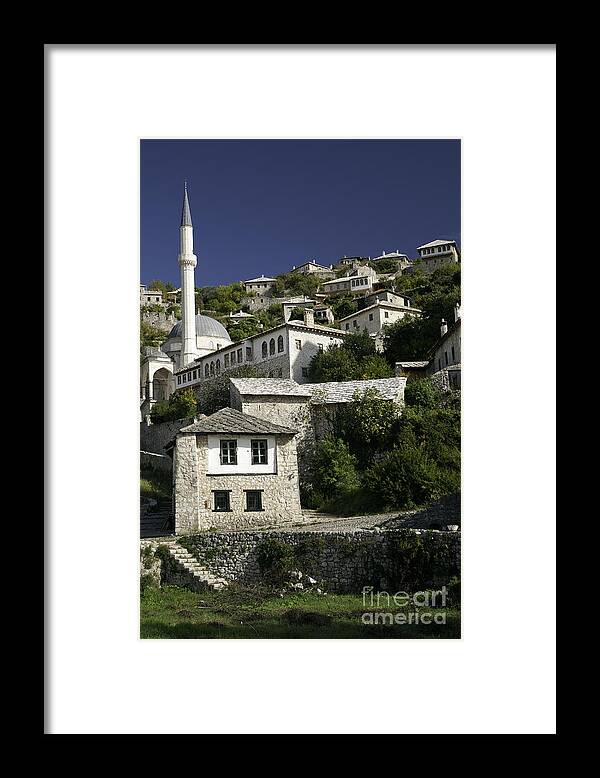 Bosnia Hercegovina Herzegovina Balkans Adriatic Pocitelj Historic Framed Print featuring the photograph views of pocitelj in Bosnia Hercegovina with minaret bridge and river by JM Travel Photography
