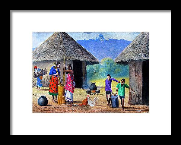 African Village Framed Print featuring the painting Village Chores by Jane Wanjeri