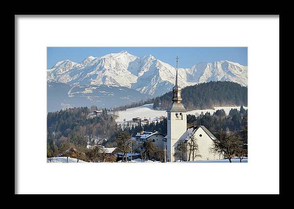 Snow Framed Print featuring the photograph Village Of Cordon In Front Of Mont Blanc by Martial Colomb