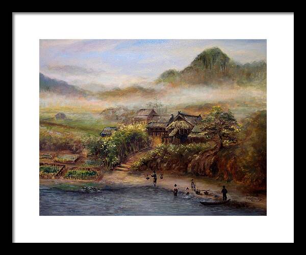 Landscape Framed Print featuring the painting Village by Sompaseuth Chounlamany