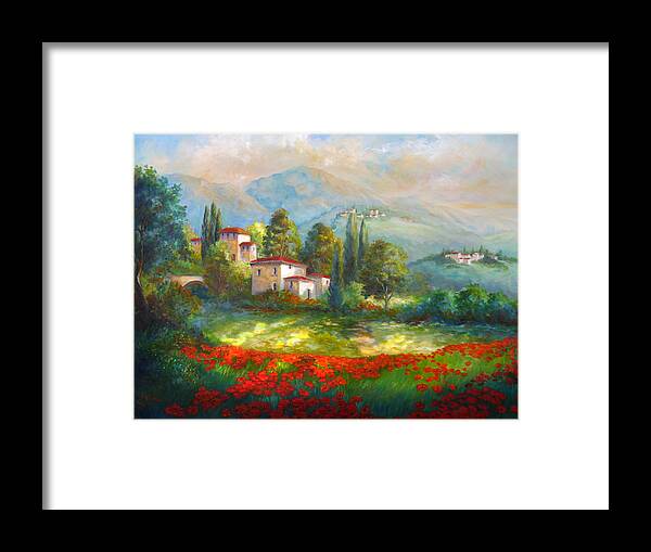 Italian Landscape Framed Print featuring the painting Village with poppy fields by Regina Femrite