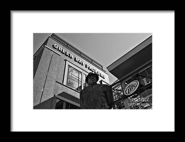 Lambeau Field Framed Print featuring the photograph Vince at Lambeau Field BW by Tommy Anderson