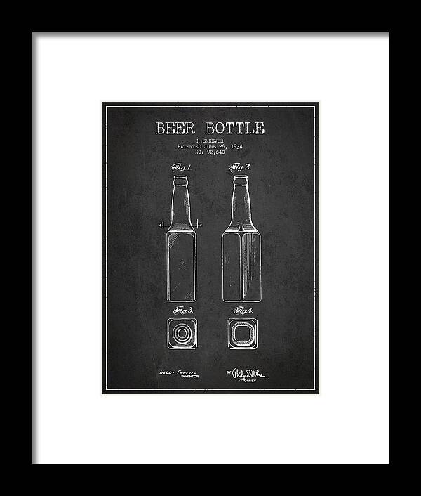 Bottle Patent Framed Print featuring the digital art Vintage Beer Bottle Patent Drawing from 1934 - Dark by Aged Pixel