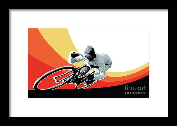Cycling Art Framed Print featuring the digital art Vintage cyclist with colored swoosh poster print Speed demon by Sassan Filsoof