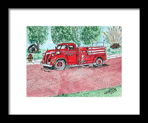 Firetruck Framed Print featuring the painting Vintage Firetruck by Kathy Marrs Chandler