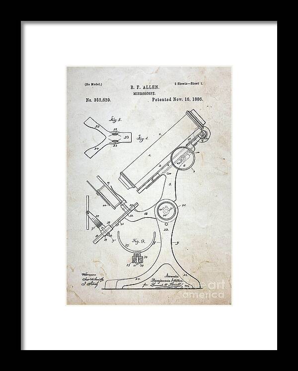 Paul Ward Framed Print featuring the photograph Vintage Microscope Patent by Paul Ward