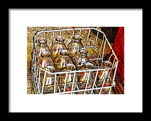 Vintage Framed Print featuring the photograph Vintage Milk Bottles in a Crate  by Lesa Fine