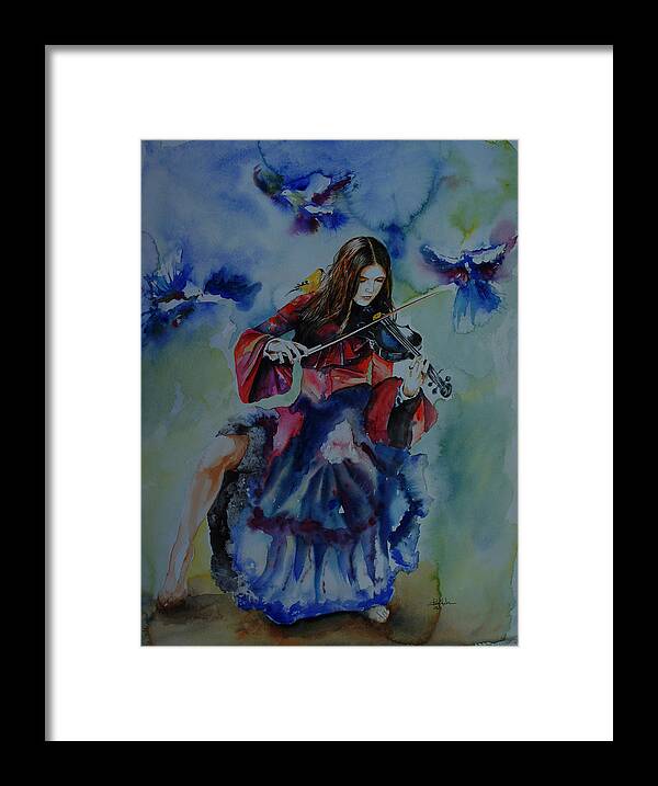 Illustration Framed Print featuring the painting Violin music for Birds by Isabel Salvador