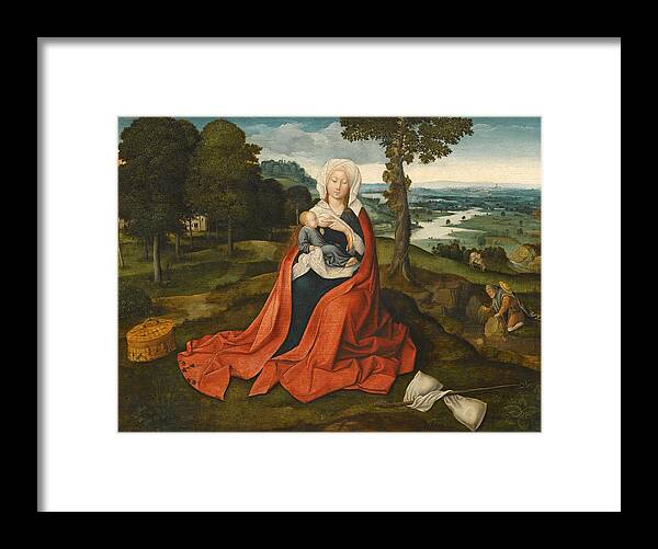 Workshop Of Joachim Patinir Framed Print featuring the painting Virgin and Child seated before an extensive Landscape by Workshop of Joachim Patinir