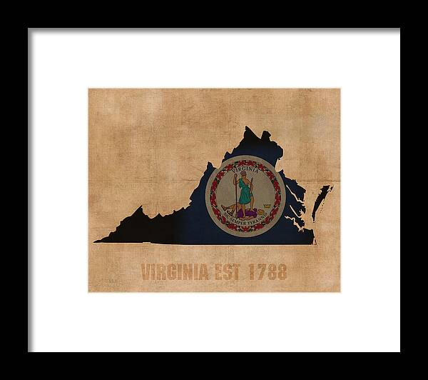 Virginia Framed Print featuring the mixed media Virginia State Flag Map Outline With Founding Date On Worn Parchment Background by Design Turnpike