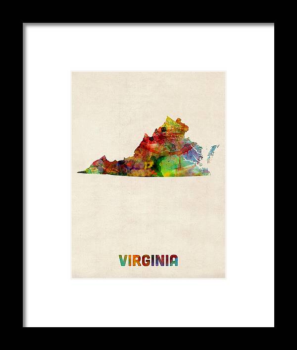 United States Map Framed Print featuring the digital art Virginia Watercolor Map by Michael Tompsett