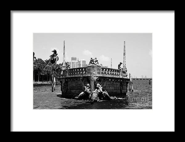 Vizcaya Framed Print featuring the photograph Vizcaya Breakwater Ship Bow and Skyline Biscayne Bay Coconut Grove Miami Florida Black and White by Shawn O'Brien
