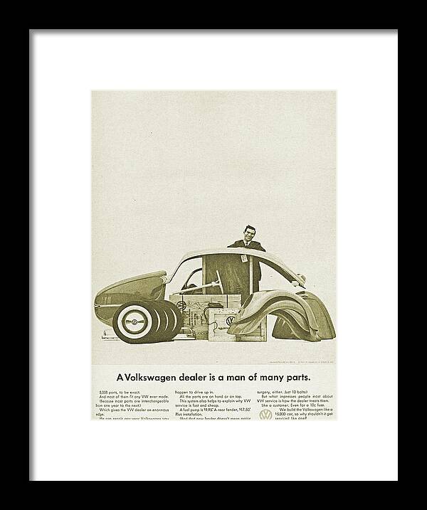 Vw Beetle Framed Print featuring the digital art VW Beetle Advert 1962 - A Volkswagen dealer is a man of many parts by Georgia Clare