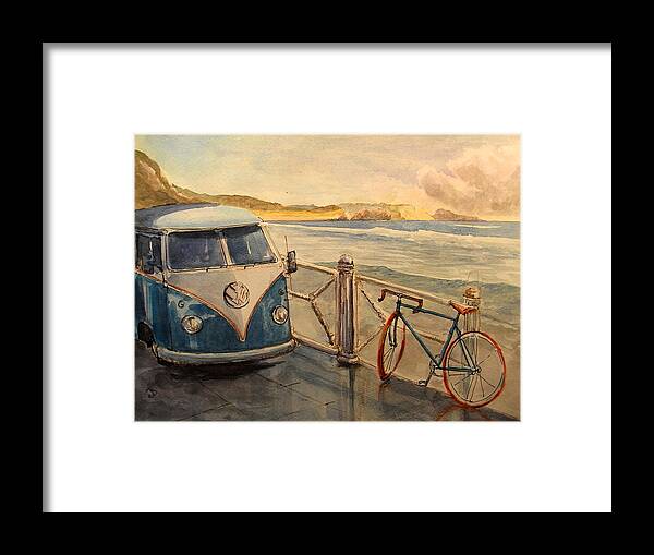 Volkswagen Framed Print featuring the painting VW Westfalia surfer by Juan Bosco