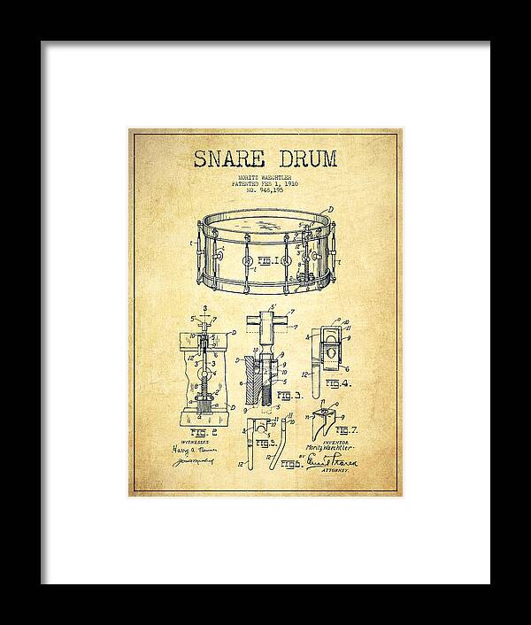 Snare Drum Framed Print featuring the digital art Waechtler Snare Drum Patent Drawing from 1910 - Vintage by Aged Pixel