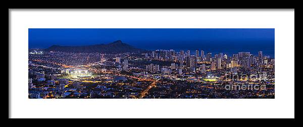 Waikiki Framed Print featuring the photograph Waikiki cityscape and Diamond Head dusk panorama by Ken Brown