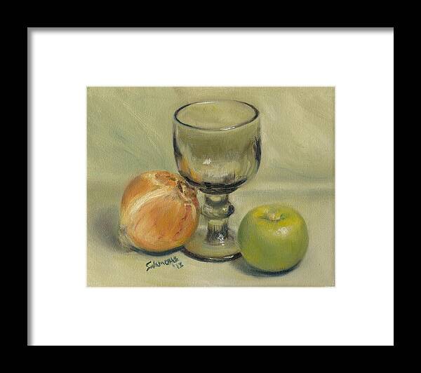 Retro Still Life Goblet Apple Onion Sage Green Framed Print featuring the painting Waiting for Merlot by Brenda Salamone
