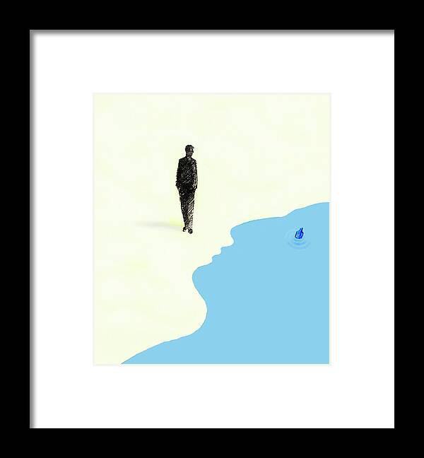 Adult Framed Print featuring the photograph Walking Man Observing Message In Bottle by Ikon Ikon Images