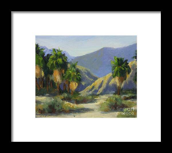 Desert Scene Framed Print featuring the painting California Palms in the Preserve by Maria Hunt