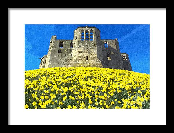 Warkworth Castle Framed Print featuring the photograph Warkworth Castle Daffodils Photo Art by Les Bell