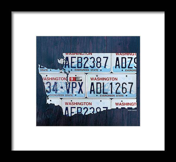 Washington Framed Print featuring the mixed media Washington State License Plate Map Art by Design Turnpike