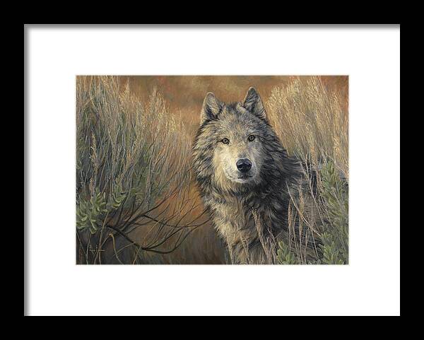 Wolf Framed Print featuring the painting Watchful by Lucie Bilodeau