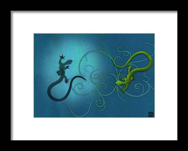 Gecko Framed Print featuring the digital art water colour print of twin geckos and swirls Duality by Sassan Filsoof