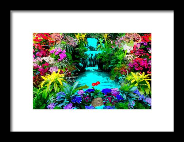Yellow Framed Print featuring the painting Waterfall Flower Garden by Bruce Nutting