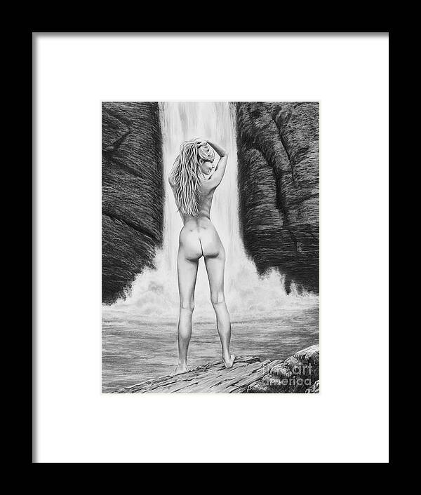 Waterfall Framed Print featuring the drawing Waterfall pin up girl by Murphy Elliott