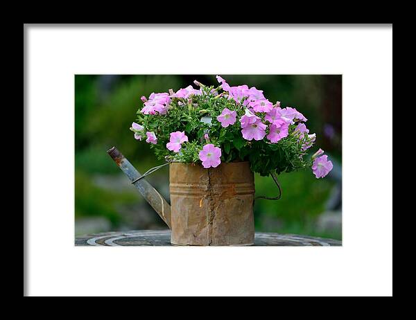 Watering Can Framed Print featuring the photograph Watering can and flowers by Kathy King