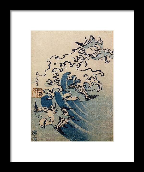 Finches Framed Print featuring the painting Waves And Birds by Katsushika Hokusai